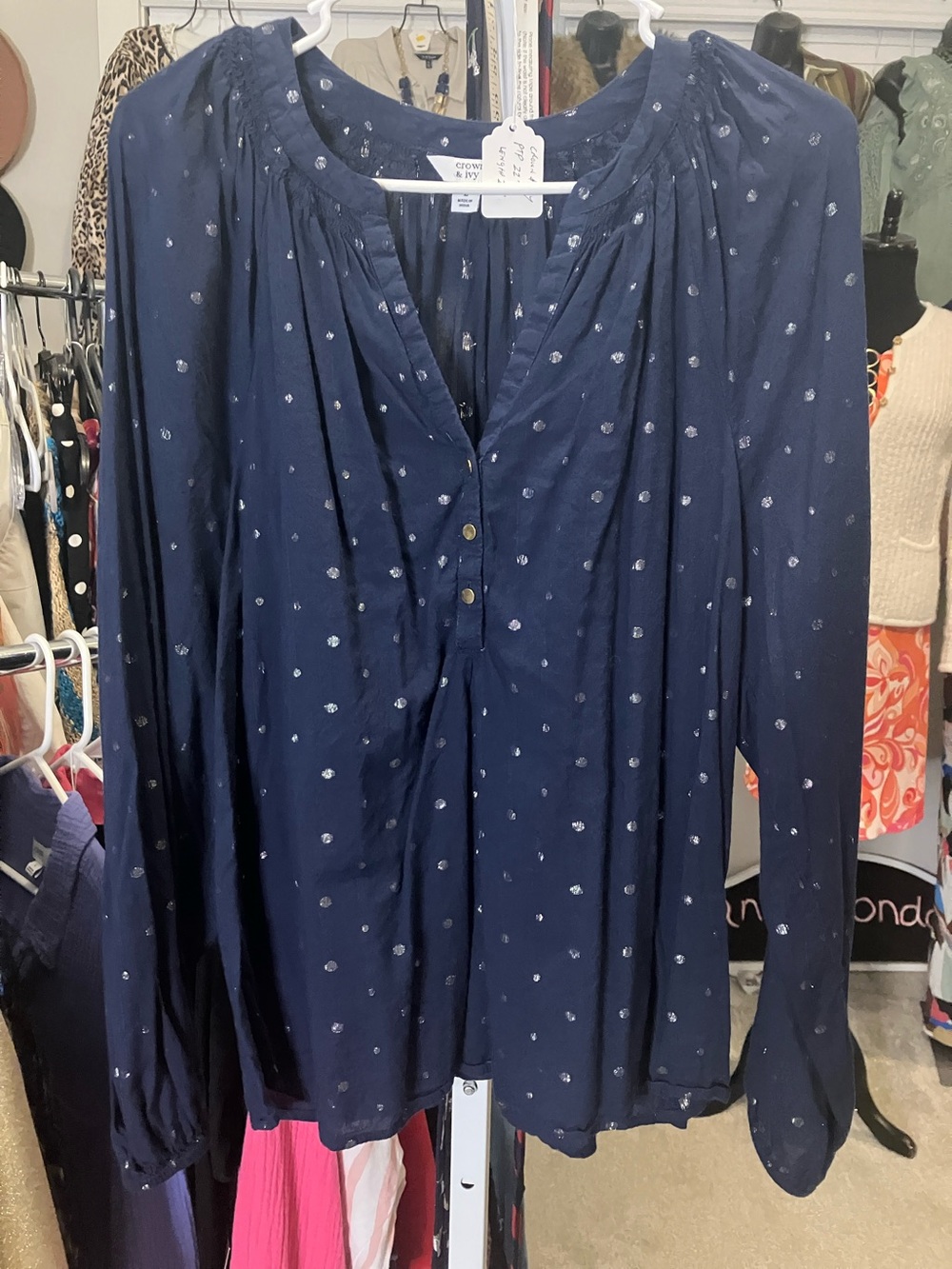 crown & ivy Navy Dot-Print Peasant Top